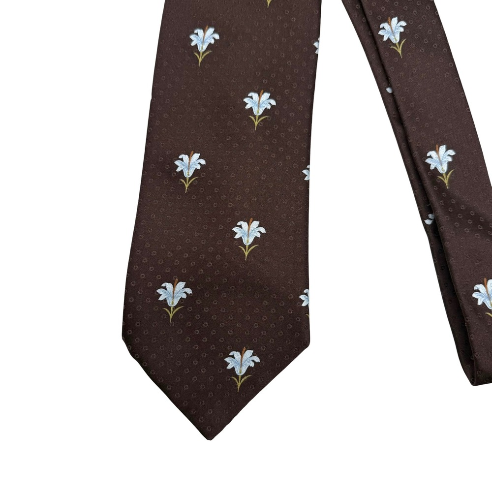 Brioni Silk Tie Brown Light Blue Lily Floral Pattern Hand Made in Italy Mens